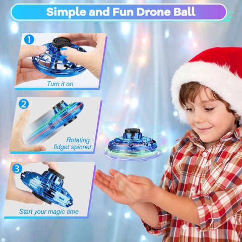 Child playing with Ultra Cool Kids Flying Drone Toy For Indoor Outdoor Fun 2026 Upgrade LED Fidget Spinner Hand Operated Mini Drone.
