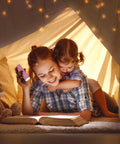 Mother and child reading with Pocket Size 9 LED Mini Flashlight Pack Six With Lanyards Multicolor Beams And 18 AAA Batteries Included