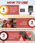 How to use Heavy Duty Fuel Transfer Pump With Auto Stop, showing battery installation, hose insertion, and operation steps.