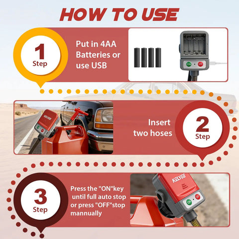 How to use Heavy Duty Fuel Transfer Pump With Auto Stop, showing battery installation, hose insertion, and operation steps.