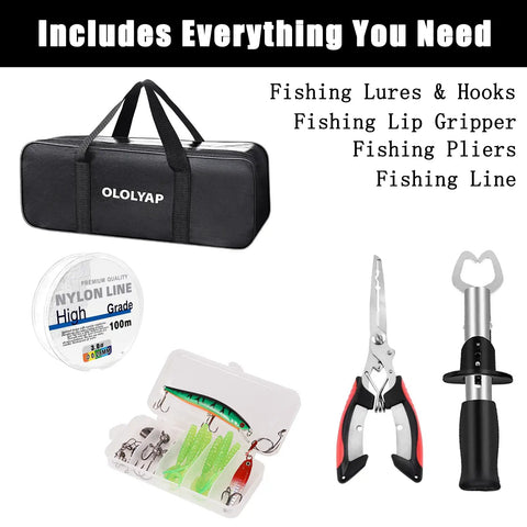 Telescopic Fishing Rod And Reel Combo Six Point Nine Feet All In One Includes Pliers Lip Gripper Spare Line Lures Hooks Carrier Bag