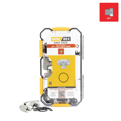 All-In-One Heavy Duty Hydraulic Fittings And Adapter Kit With 101 Adapters And 150 O Rings For NPT Threads In A Rugged Waterproof Case HBT5600 Series Everyday Hydraulic System Essentials With QR Code To LearnFittings Resource Center in clear case