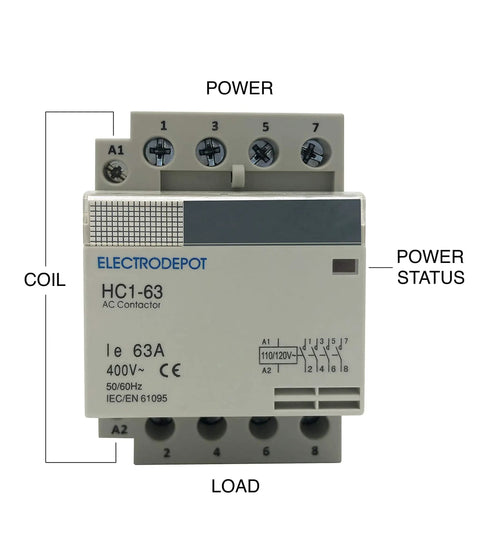 Front view of 60 Amp 4 Pole Normally Open Contactor With 110 To 120V Coil For Motor Load 40A And Lighting 63A No Frills Plug And Play