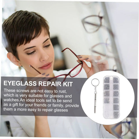 Woman using Essential Glasses Repair Tools Kit With Assorted Screws And Mini Screwdrivers For Quick Fixes On Eyewear And Sunglasses