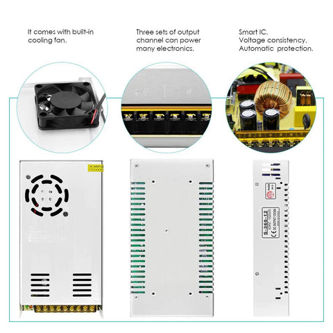 360W 12V 30A Regulated Switching Power Supply with Cooling Fan for LED Strip Pixel Lights and CCTV Cameras