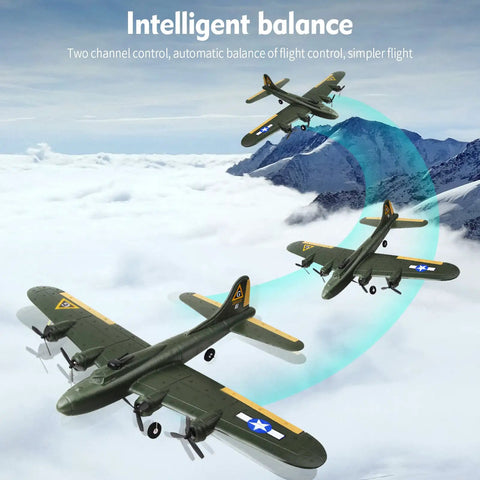 B-17 Bomber RC Airplane Dope 2 Channel Foam Glider soaring over mountains, showcasing flight stability and control.