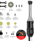 Multi-Purpose Electric Die Grinder Kit With 6 Variable Speeds showing accessories and six-speed gearbox detail.