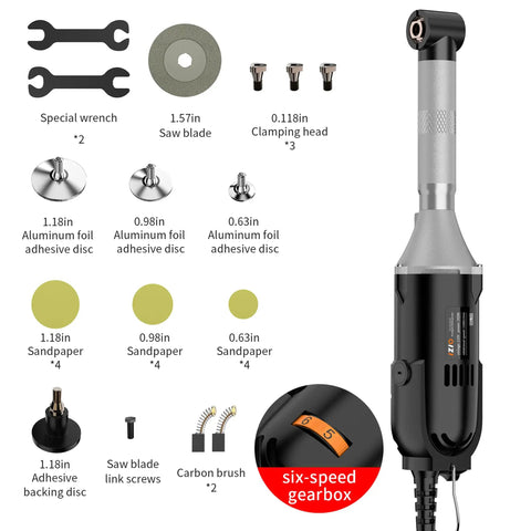 Multi-Purpose Electric Die Grinder Kit With 6 Variable Speeds showing accessories and six-speed gearbox detail.