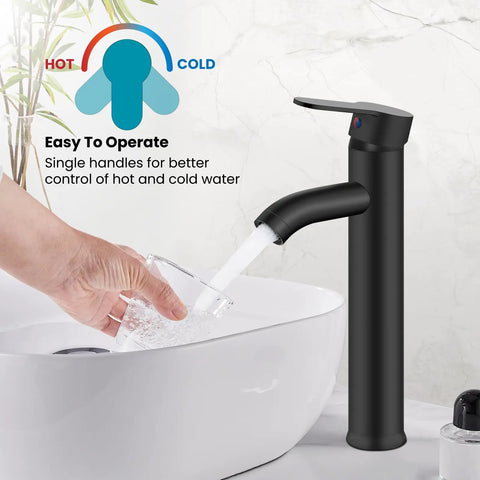Vessel Sink Faucet Sleek Matte Black One Hole Deck Mount Lavatory Mixer Tap With Water Supply Hoses And ABS Pop Up Drain No Overflow