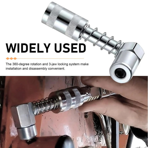 90 Degree Right Angle Grease Gun Coupler for Tight Spaces with 3-Jaw Lock, Heavy-Duty Steel, Corrosion-Resistant
