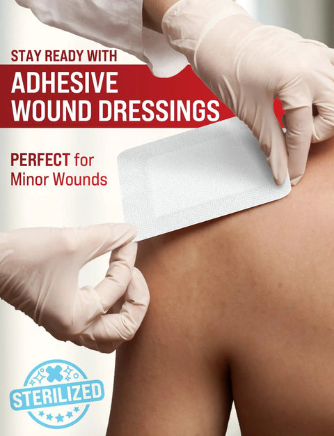 Person applying adhesive wound dressing for minor cuts on shoulder, featuring sterilized mark