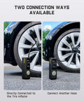 Universal Tire Inflator Extension Hose And Dual Valve Adapter For Schrader And Presta Valves Built Different For Bikes Cars Motorcycles Balls Zero Hassle Heavy Duty Quick Connect Smooth Fill Daily showing two connection options for tire inflator.