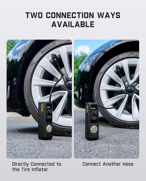 Universal Tire Inflator Extension Hose And Dual Valve Adapter For Schrader And Presta Valves Built Different For Bikes Cars Motorcycles Balls Zero Hassle Heavy Duty Quick Connect Smooth Fill Daily showing two connection options for tire inflator.