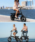 Riders enjoying Compact Foldable 14 Inch Electric Bike For Adults with 500W Motor by the waterfront
