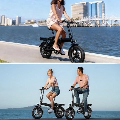 Riders enjoying Compact Foldable 14 Inch Electric Bike For Adults with 500W Motor by the waterfront
