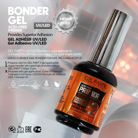 Close-up of 15ml bottle of acid-free primer with HEMA-free label for Gel Party UV LED application