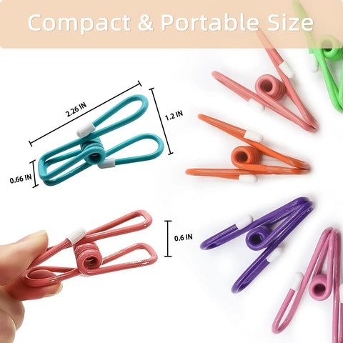 Slick 10 Pack Colorful Metal Chip Bag Clips With Rubber Finger Guards, showcasing compact sizes and colors for sealing bags.
