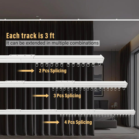 Heavy Duty Ceiling Curtain Track System With Wall Mount No Fuss Ultra Quiet Pulleys Aluminum Channel For Room Divider And Curtains Waterproof And Rust Resistant Smooth Glide Easy Install White Finish Fits 3 To 9 Feet, 3 ft track with splicing