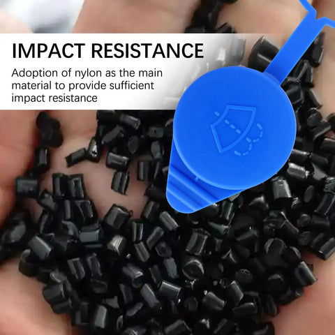 Close-up of blue windshield washer fluid cap replacement for Ford Focus 2012-2018 with impact resistant nylon material.