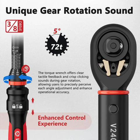 Three Eighths Inch Drive Torque Wrench Beefy With Ten To One Hundred Foot Pounds Range Click Type Seventy Two Tooth Ratchet ABS And TPR Grip Portable Case For Motorcycle Car And Small Machinery Maintenance close-up showing 72-tooth ratchet design with 3/8 inch drive and control features.