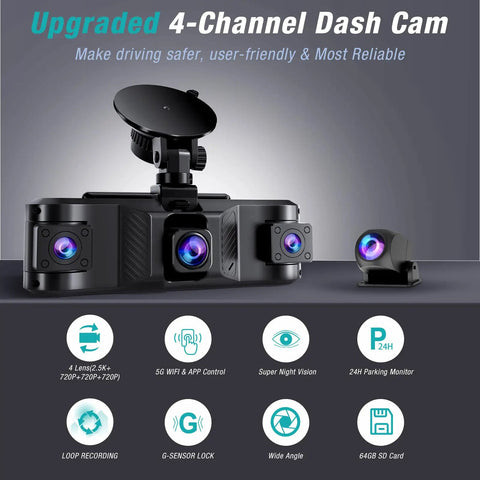 Four Channel 2.5K Dash Cam With Front Rear Left Right Coverage, featured with 5GHz WiFi, G Sensor, Night Vision, Parking Monitor