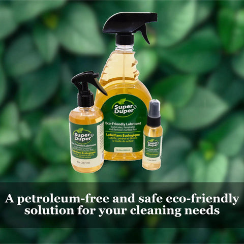 Three bottles of Eco Friendly Multipurpose Lubricant Spray Penetrating Oil For Auto Home Bike RV Removes Surface Rust And Lubricates Penetrates Quickly Cleans 8 Oz Bottle displayed in front of green leaves.