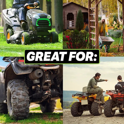 Rock Solid DIY Tire Repair Kit Featuring Eleven Piece Set With Hella Tough Puncture Strings Pro Grip Tools And Quick Dry Rubber Cement Glue For Atvs And Lawn Gear No Sweat Road Ready Fixes Always with lawn mower, wheelbarrow, and ATVs.