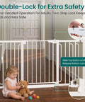 Extra Wide Walk Through Baby And Dog Gate Auto Close Dual Lock White Safety Barrier with double-lock mechanism.