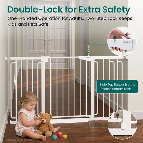 Extra Wide Walk Through Baby And Dog Gate Auto Close Dual Lock White Safety Barrier with double-lock mechanism.