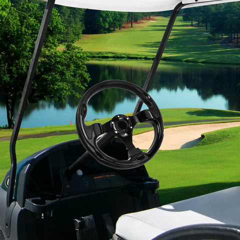 Sweet Upgrade Universal Golf Cart Steering Wheel Featuring Legit Skid Design 12.5 Inch All Black Aluminum Build For Club Car Ezgo Rxv Txt Valor Ds Onward And Yamaha Models, installed in golf cart.