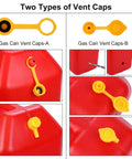 Two types of gas can vent caps attached to red gasoline cans, showing both options of Replacement Gas Spout Kit For Easy Pouring And Leak Prevention, Flexible Gas Tank Nozzle With Built In Seal, Yellow 3 Pack Caps, Coarse And Fine Thread, Durable HDPE Pour Spouts.