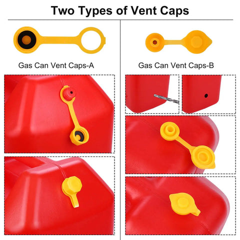 Two types of gas can vent caps attached to red gasoline cans, showing both options of Replacement Gas Spout Kit For Easy Pouring And Leak Prevention, Flexible Gas Tank Nozzle With Built In Seal, Yellow 3 Pack Caps, Coarse And Fine Thread, Durable HDPE Pour Spouts.