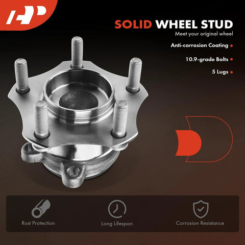 Two Pack Rear Wheel Bearing And Hub Assembly With 5 Lug Compatible With Mazda 3 2014 2015 2016 2017 2018 High Load Ball Bearing For Smooth Quiet Ride And Easy Replacement, showing a 5-lug rear wheel hub assembly with anti-corrosion coating.