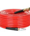 Quarter Inch 100 Ft Polyurethane Air Hose With Bend Restrictors, Flexible Workhorse For Indoor Finishing Projects, Includes One Quarter Inch Industrial Quick Coupler And Plug Kit, Red