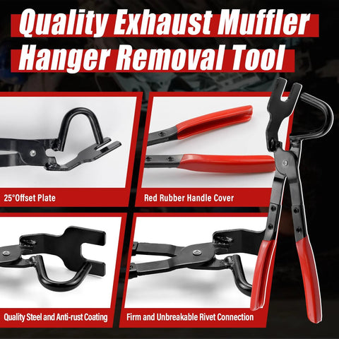 Sporthfish exhaust hanger removal tool with pliers; steel construction, red rubber grip, 25° offset plate.