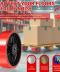 Heavy Duty Pallet Jack Wheel Replacement Kit with red rubber steering wheel and load rollers in warehouse setting