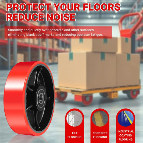 Heavy Duty Pallet Jack Wheel Replacement Kit with red rubber steering wheel and load rollers in warehouse setting