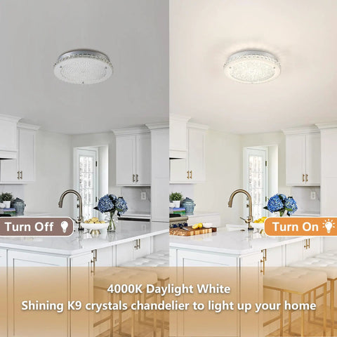 Kitchen with Crystal Ceiling Light Fixture LED Round Flush Mount Chandelier Dimmable 24W 2640LM 4000K Neutral White 14 Inch