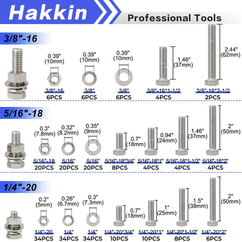 Beefy Hex Bolts And Nuts Kit 1/4-20, 5/16-18, 3/8-16 Stainless Steel 304 With Flat And Lock Washers, 240 Pieces Illustrated