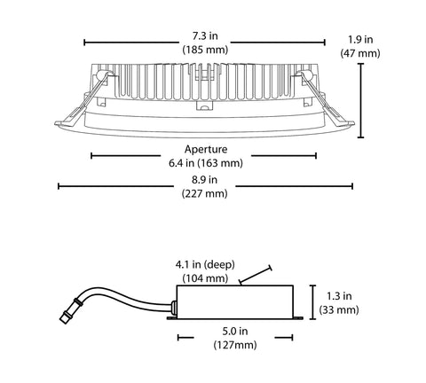 Technical diagram of 8 Inch DLE Recessed Lighting Kit in Aged Copper, LED Downlight Module with dimensions and driver details.