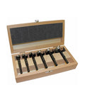 Built Tough Forstner Drill Bit Set Six Piece High Speed Steel Woodworking Accessory Kit in wooden storage box.