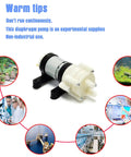 Mini DC Water Pump 6V To 12V Diaphragm Pump With Water Cooling Quiet Case shown with usage examples and caution notes