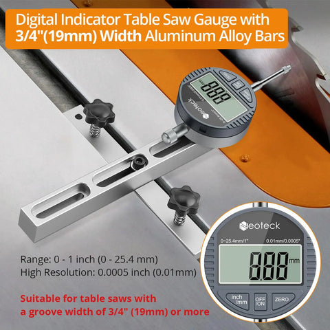 Digital Dial Indicator Table Saw Gauge for Three Quarters Inch Miter Groove and Wider Pro Grade Blade and Fence Alignment Runout Check Calibration for Table Saws Band Saws and Drill Presses with aluminum alloy bars.