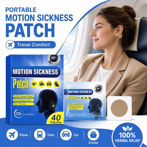 Motion Sickness Patches 40 Count Non Drowsy Relief For Travel By Car, Plane, Or Cruise Ships Lasts 72 Hours Mint Scent With Breathable Adhesive Backing Easy On Skin For Adults And Kids Aged 4 Plus Must Have Travel Gear box and patch on airplane seat