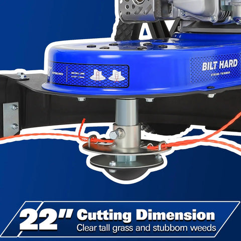 Close-up of Workhorse Heavy Duty Walk Behind Gas String Trimmer with 22-inch cutting diameter and 170cc 4-cycle OHV engine.