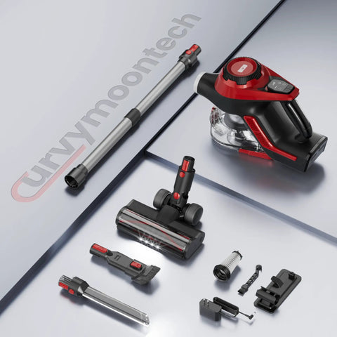 Heavy Duty Cordless Stick Vacuum With 45Kpa Beast Mode Suction And Smart Display, 1.5L Dust Bin, 40 Min Runtime, Lightweight Rechargeable Handheld For Pet Hair Carpet Hardwood Floors Cars Crimson with attachments.