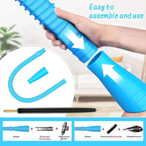 Close-up of blue 2 Piece Dryer Vent Cleaning Kit with Quiet Vacuum Hose Attachment and lint brush, easy assembly shown.