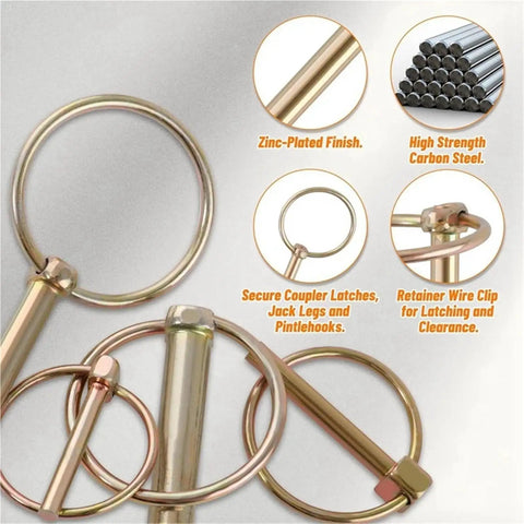 Beefed Up Heavy Duty Trailer Pin Set 50 Pcs Lynch Pins showing zinc-plated finish and carbon steel material for secure towing.