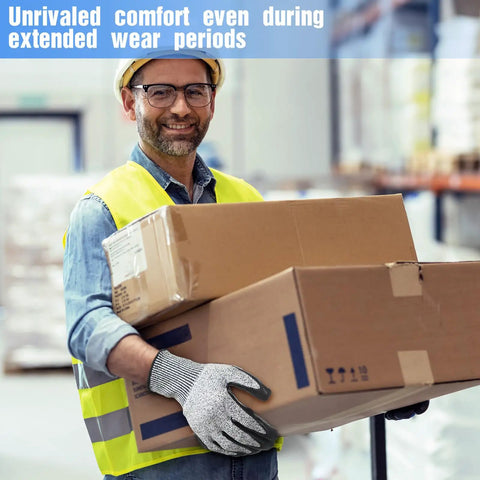 Worker carrying boxes wearing Level 5 Cut Resistant Gloves Set, 18 Pairs Lightweight Protective Work Gloves With PU Coated Palms, HPPE Shell