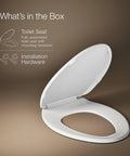 Heavy Duty Elongated White Toilet Seat Featuring Quick Release Hinges And Grip Tight Bumpers For Dead Simple Mounting And Super Fast Cleaning, shown open with mounting hardware.